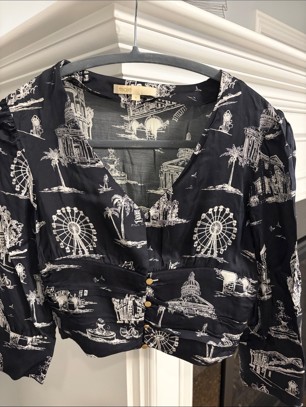 Maje Black Scenic Print V-Neck Button-Front Blouse